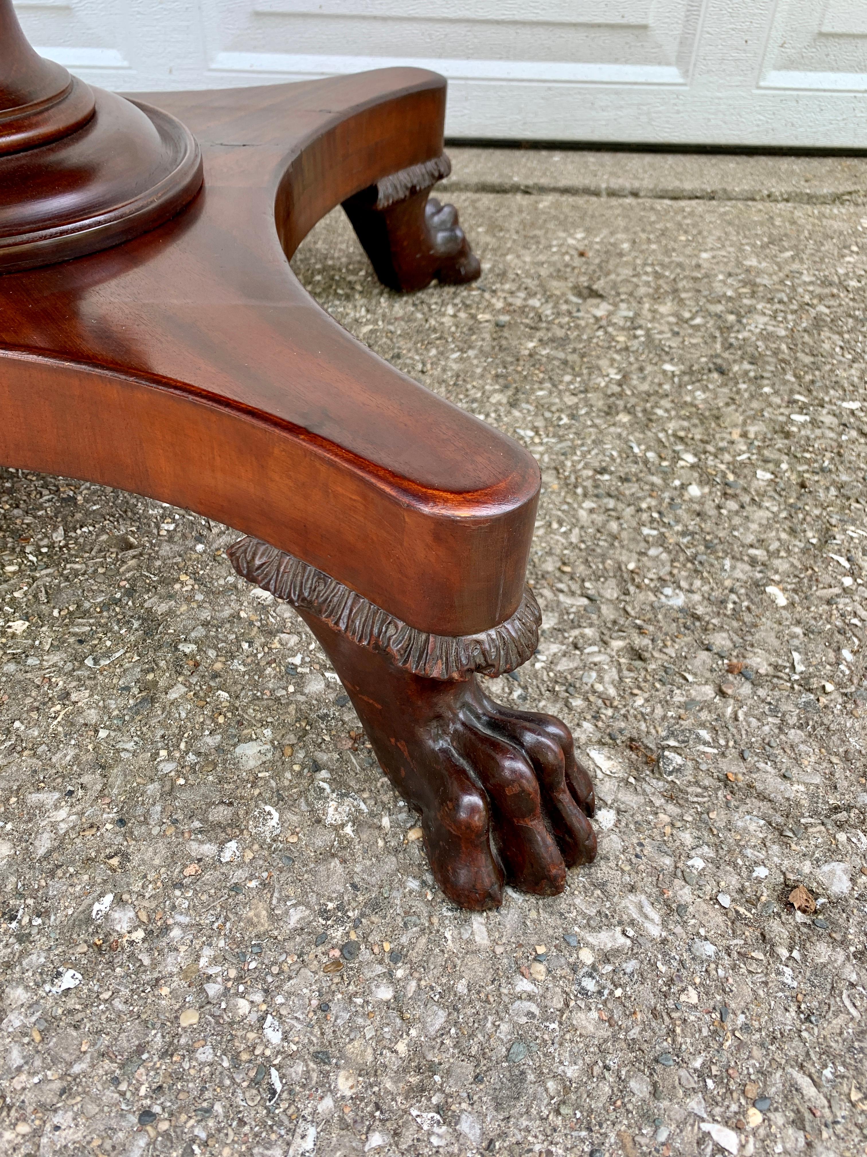 Antique American Empire Mahogany Paw Foot Pedestal Center Table For Sale 3