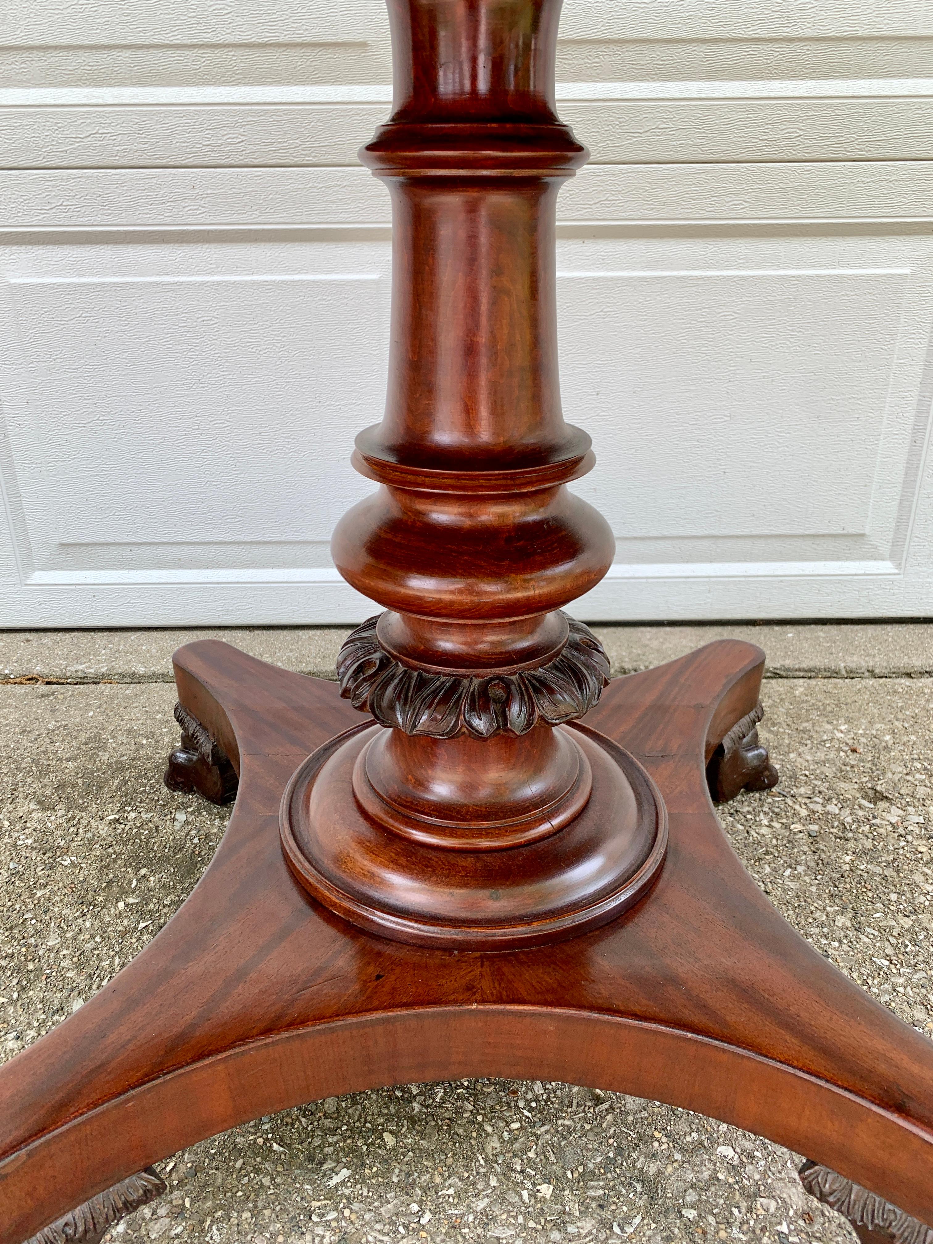 Antique American Empire Mahogany Paw Foot Pedestal Center Table For Sale 4