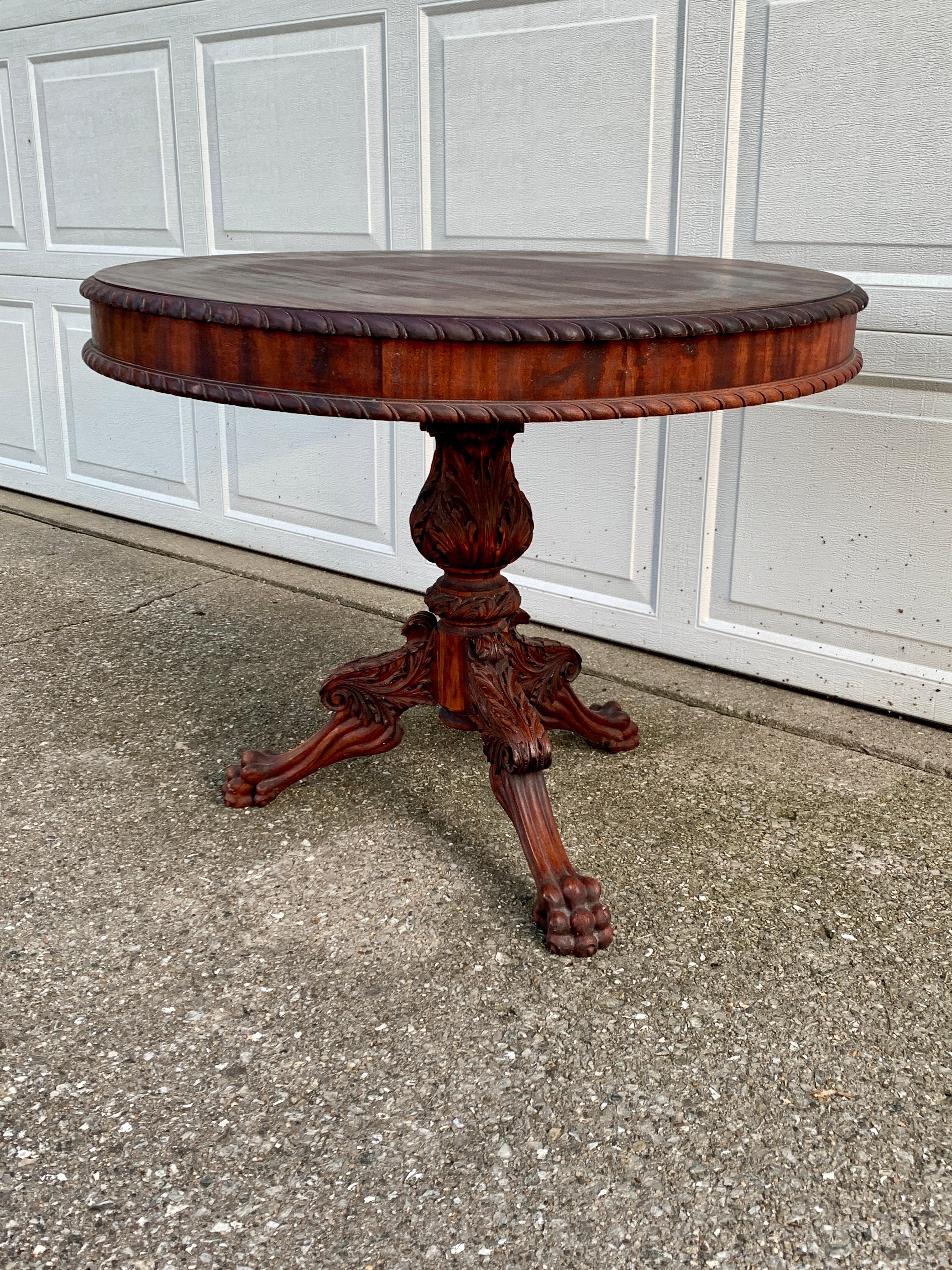 Antique American Empire Mahogany Paw Foot Pedestal Side Table, Late 19th Century For Sale 1