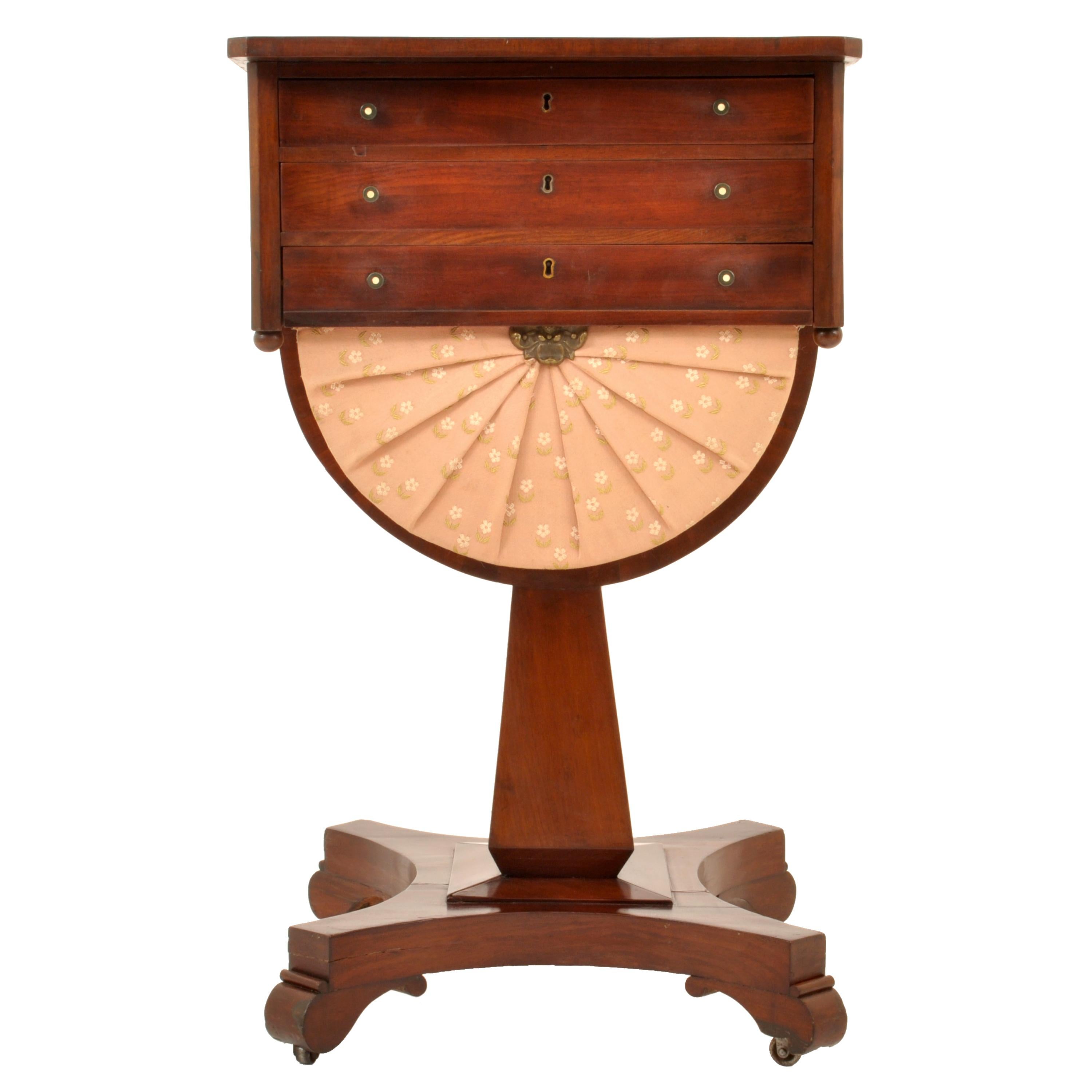 Carved Antique American Empire Mahogany Pedestal Sewing Work Table New York Circa 1840 For Sale