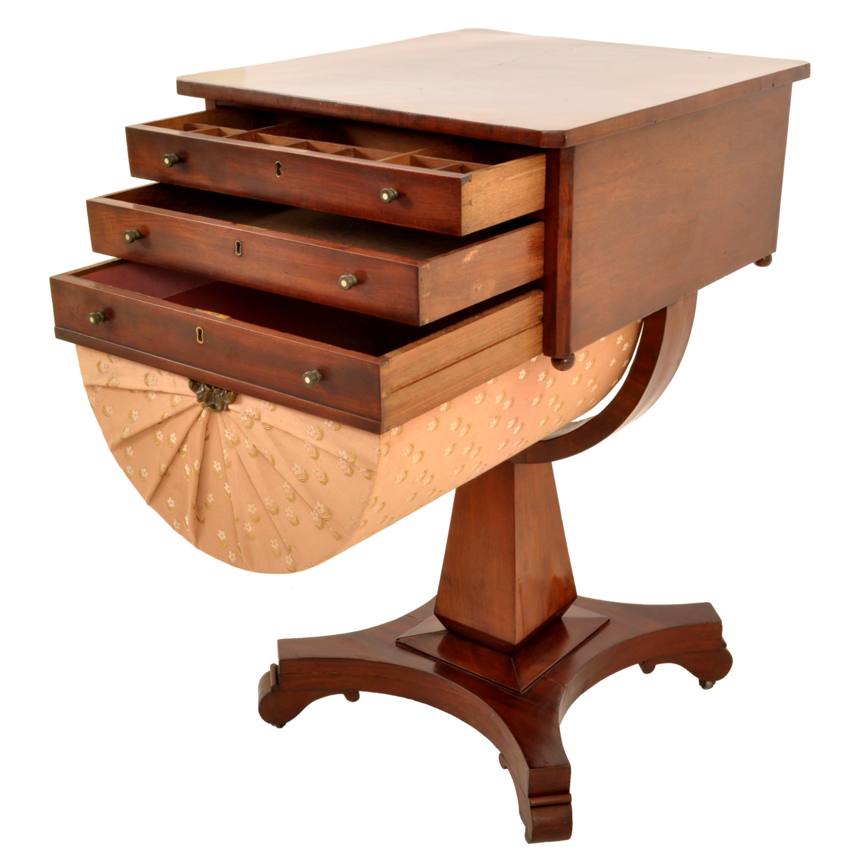Antique American Empire Mahogany Pedestal Sewing Work Table New York Circa 1840 For Sale 1
