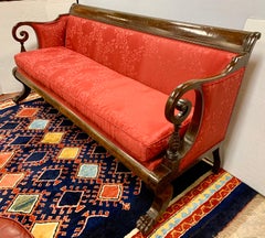 Antique American Empire Mahogany Red Silk Sofa Bench New York 1820s