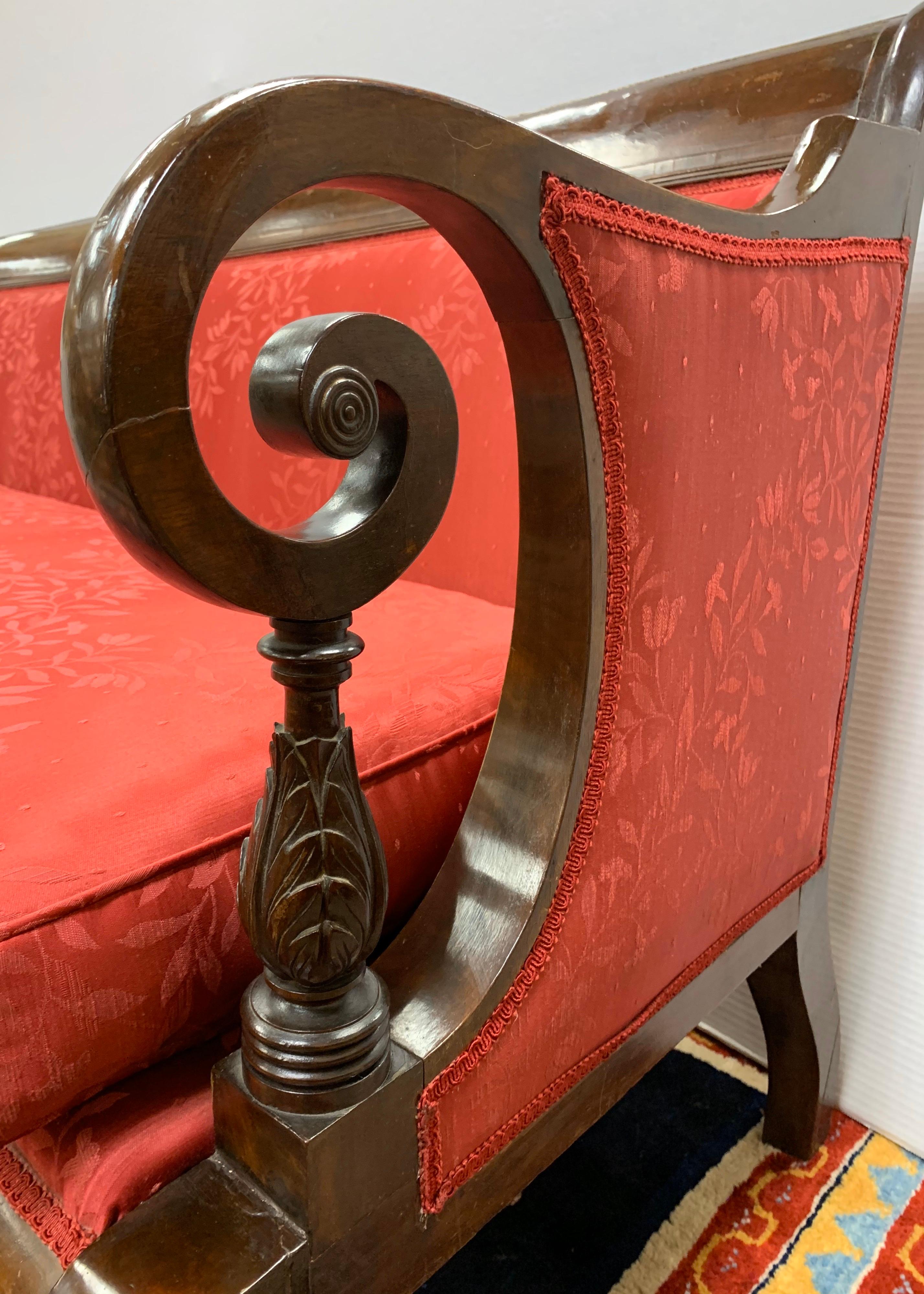 Antique American Empire Mahogany Red Silk Sofa Bench New York 1820s 1