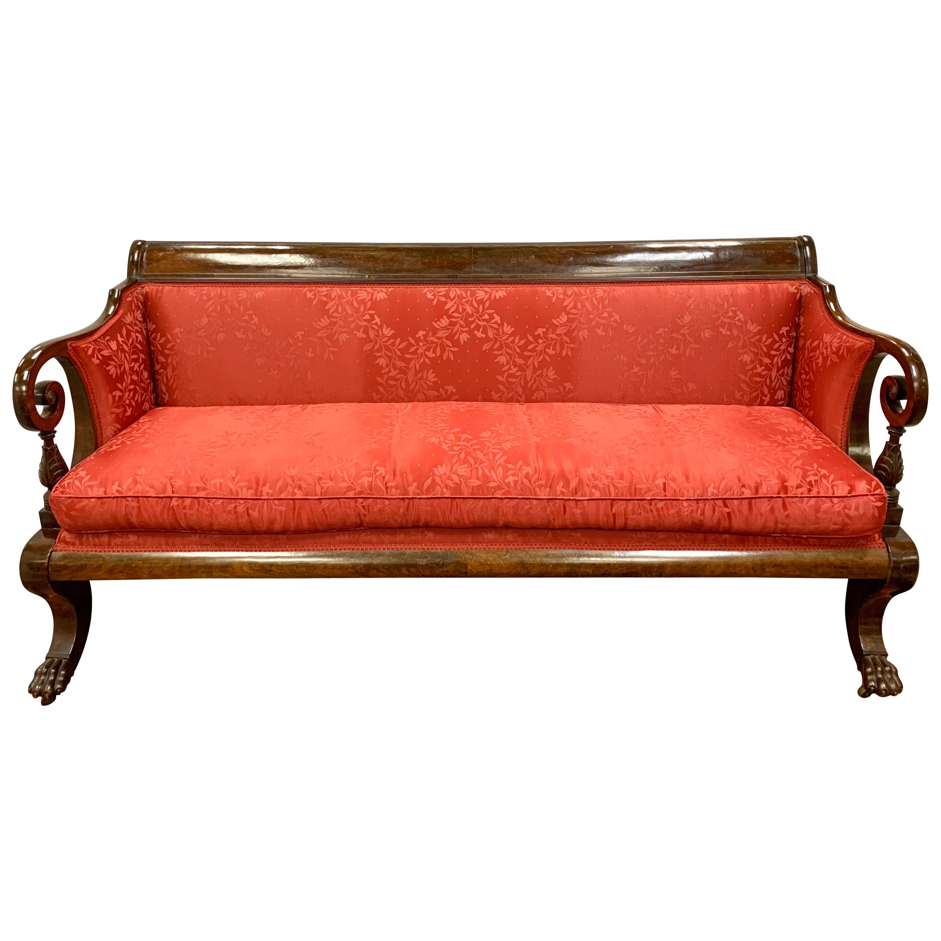 Antique American Empire Mahogany Red Silk Sofa Bench New York 1820s