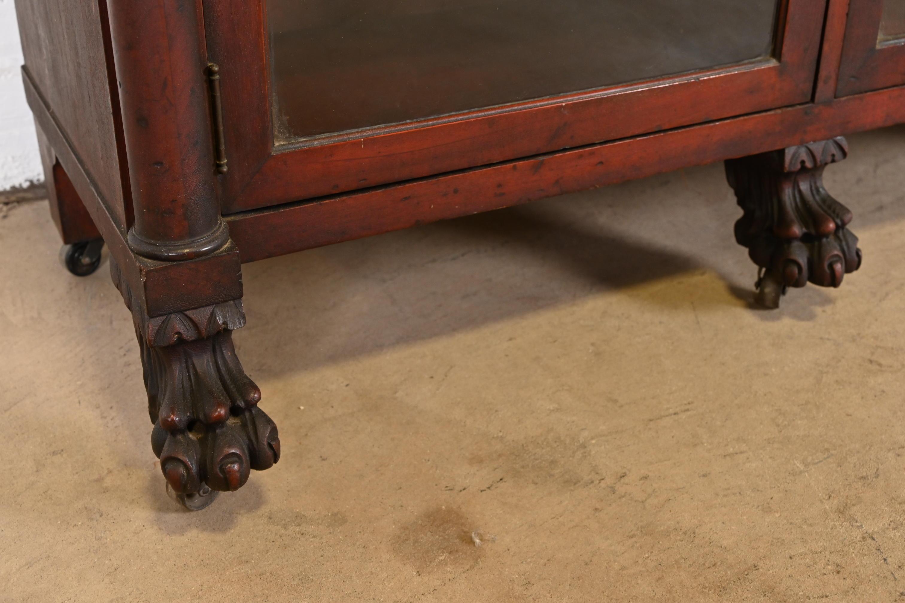 Antique American Empire Mahogany Triple Bookcase with Carved Lion Paw Feet 5