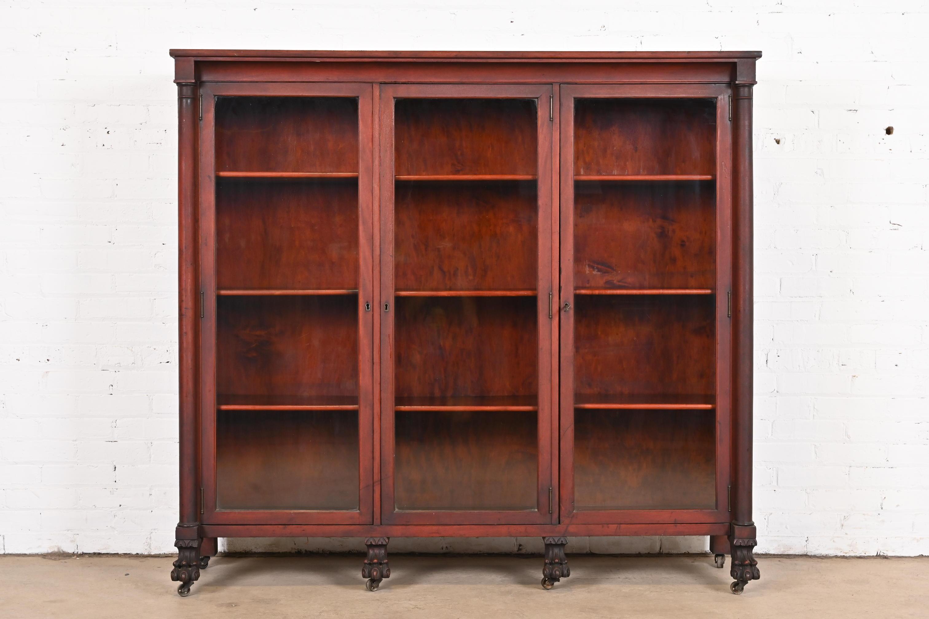 19th Century Antique American Empire Mahogany Triple Bookcase with Carved Lion Paw Feet