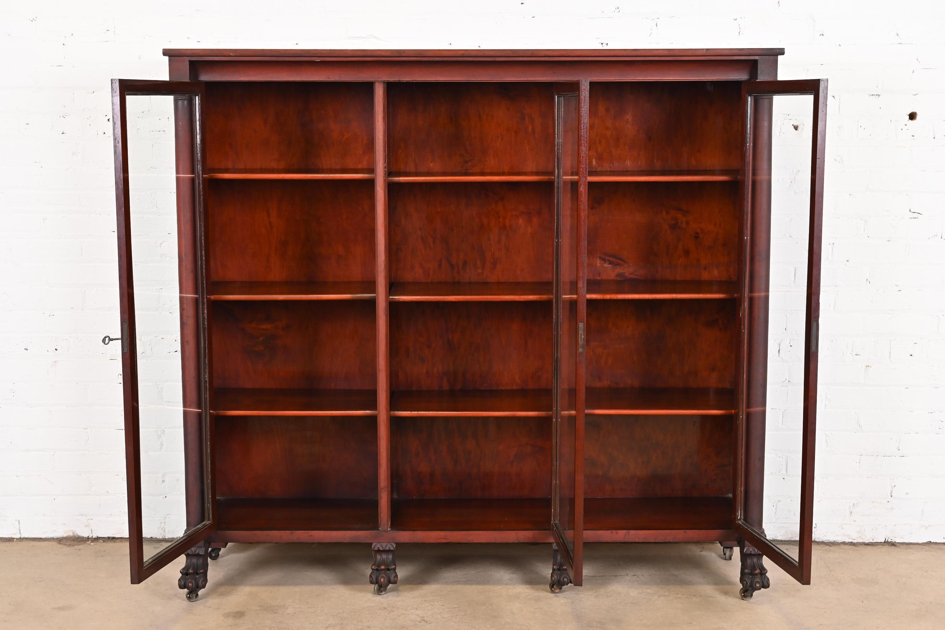 Antique American Empire Mahogany Triple Bookcase with Carved Lion Paw Feet 2