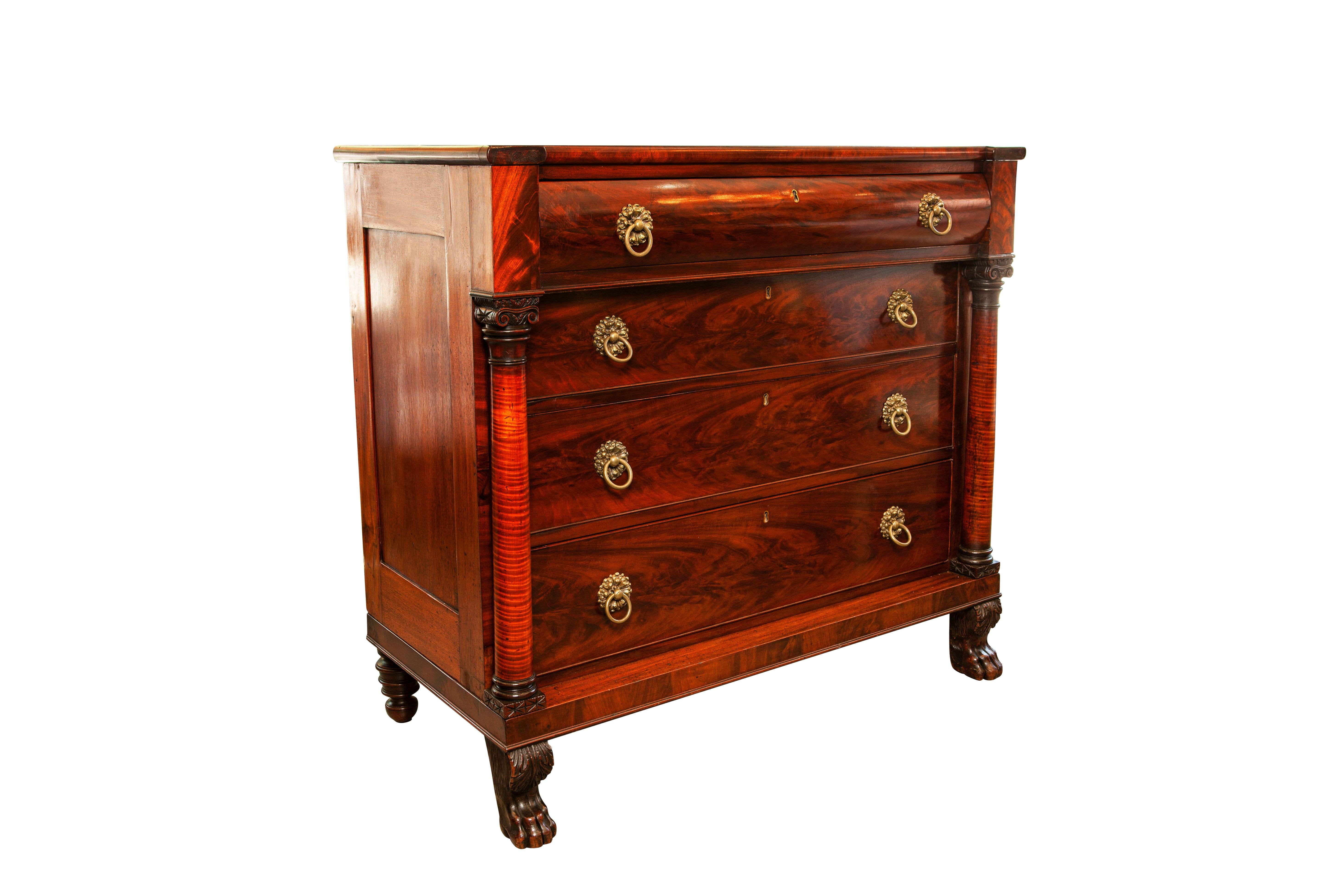Antique American Empire mahogany wood 4-drawer chest with claw feet and original brass pulls ( circa 1800s-1840s) newly polished.