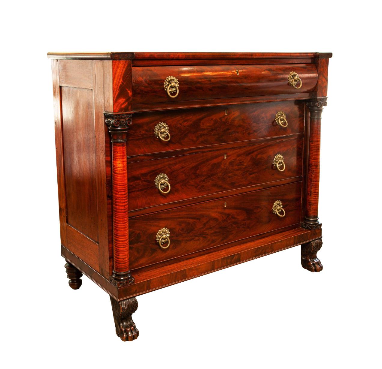 Antique American Empire mahogany wood 4-drawer chest with claw feet and original brass pulls ( circa 1800s-1840s) newly polished.