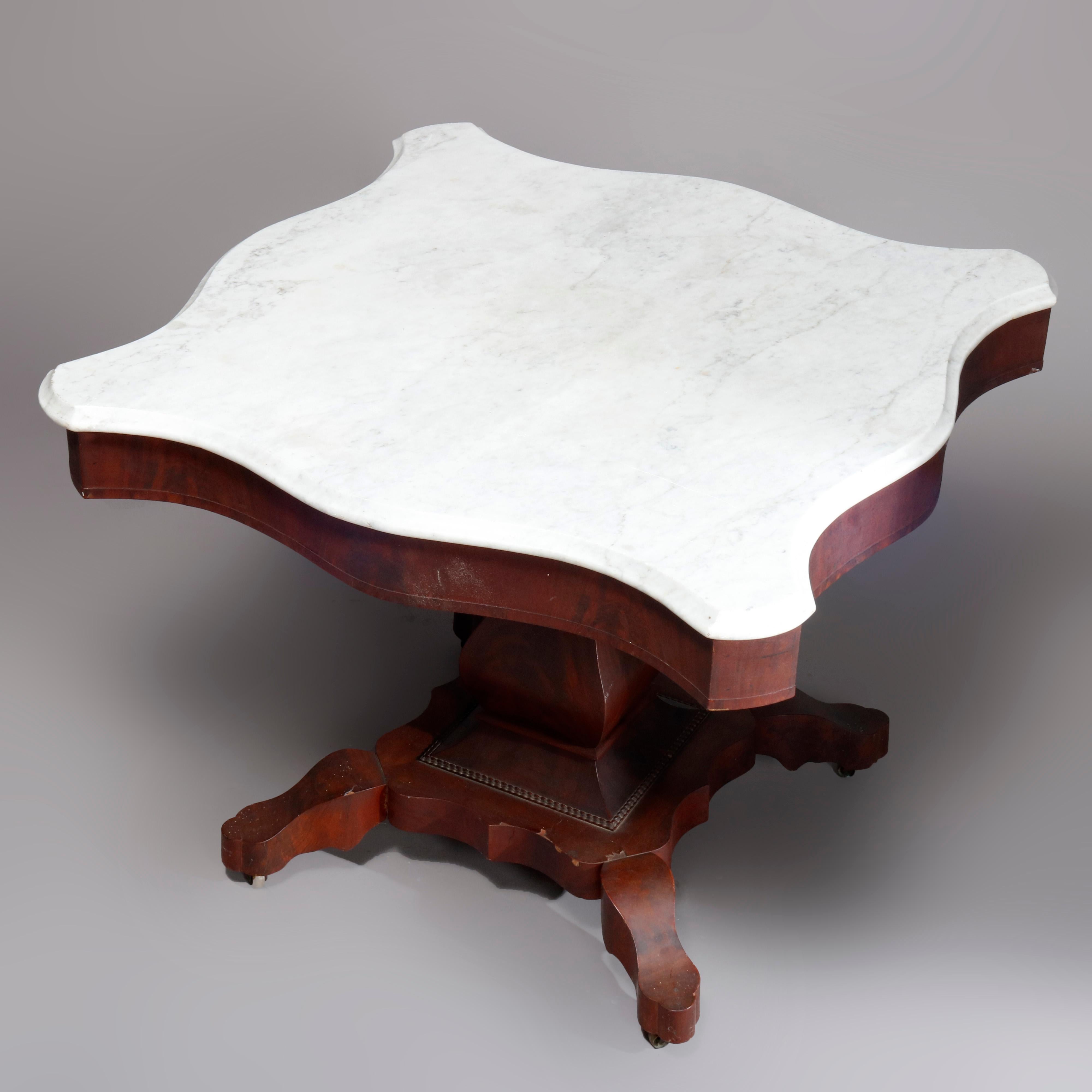 Beveled Antique American Empire Marble-Top Mahogany Center Table, circa 1880