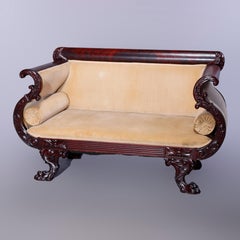 Antikes neoklassizistisches geschnitztes geflammtes Mahagoni-Set im amerikanischen Empire-Stil, um 1840