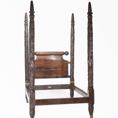 American Empire Neoclassical Carved Grape & Leaf Flame Mahogany Tester Bed c1940