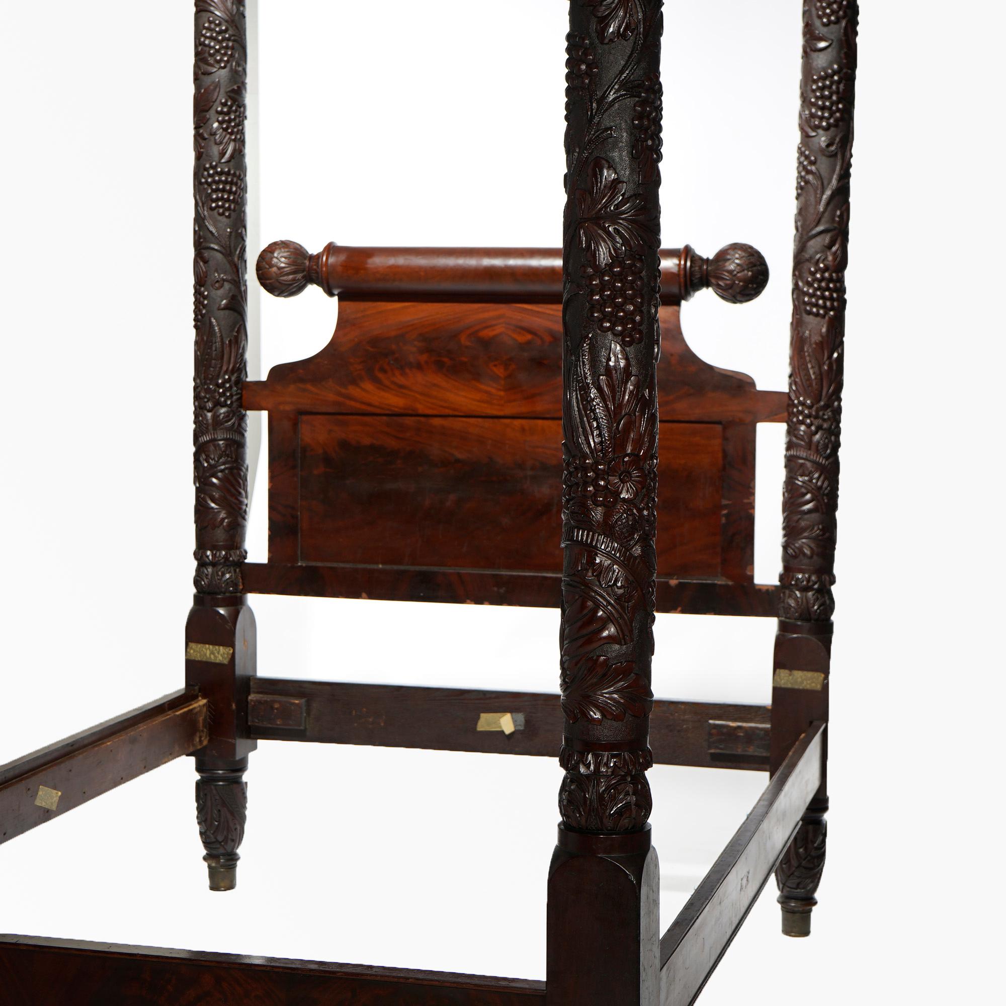 19th Century American Empire Neoclassical Carved Grape & Leaf Flame Mahogany Tester Bed c1940