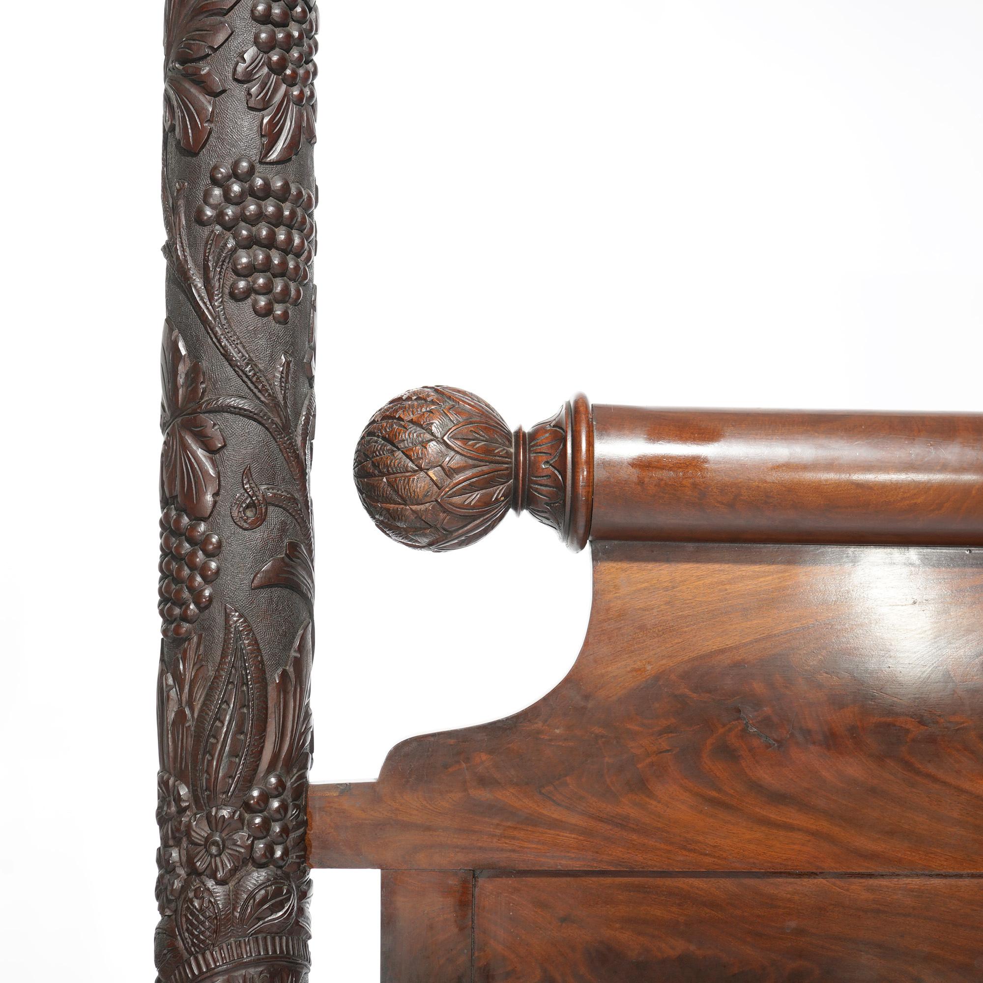 American Empire Neoclassical Carved Grape & Leaf Flame Mahogany Tester Bed c1940 3