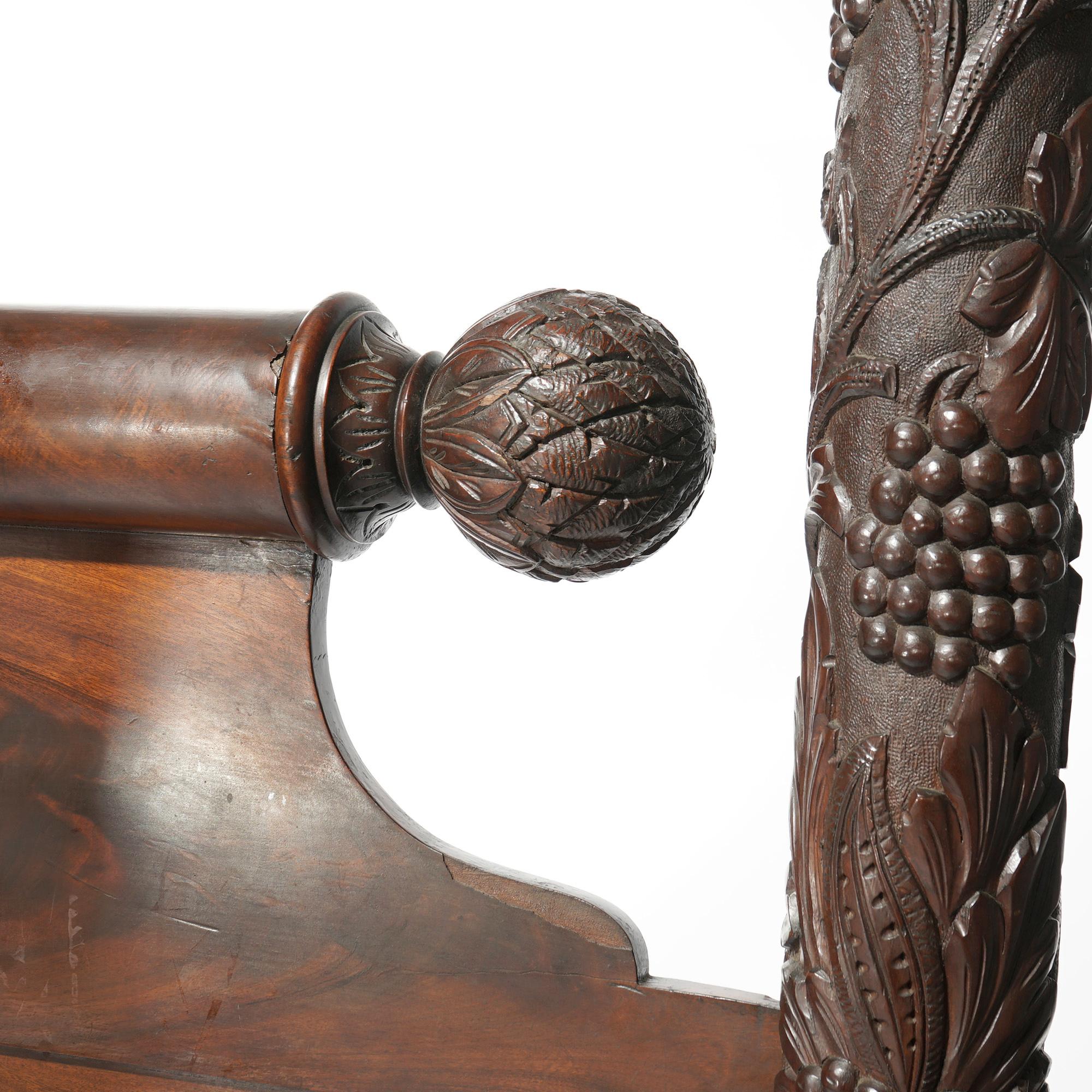 American Empire Neoclassical Carved Grape & Leaf Flame Mahogany Tester Bed c1940 4