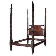 Antique American Empire Neoclassical Carved Grape & Leaf Flame Mahogany Tester Bed c1940