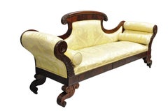 Antique American Empire Neoclassical Carved Mahogany Sofa with Gold Fabric