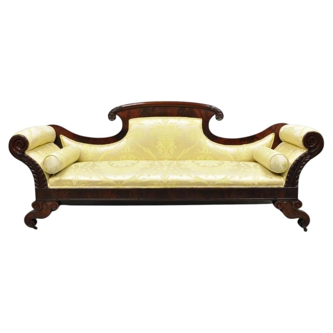 Antique American Empire Neoclassical Carved Mahogany Sofa with Gold Fabric