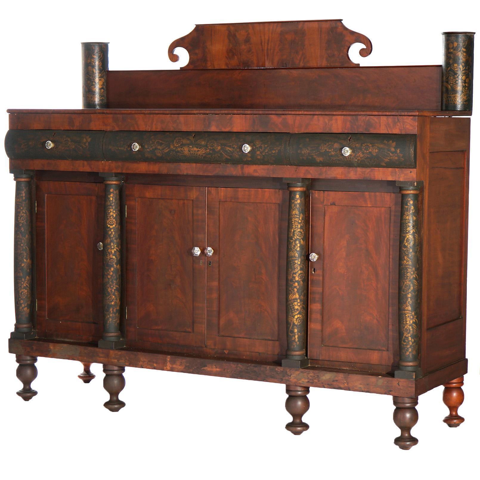 Painted Antique American Empire Neoclassical Ebonized & Stenciled Sideboard, Circa 1840
