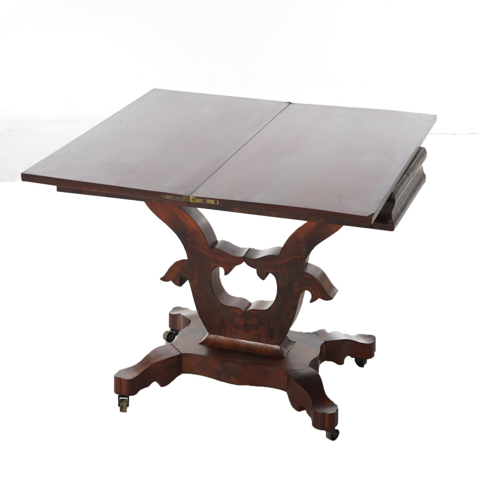 Antique American Empire Neoclassical Greco Flame Mahogany Card Table C1840 In Good Condition In Big Flats, NY