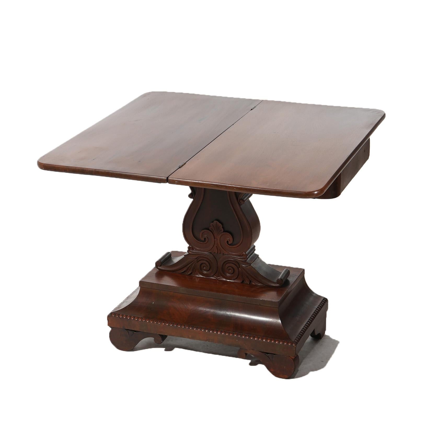 Antique American Empire Neoclassical Greco Flame Mahogany Card Table C1840 In Good Condition For Sale In Big Flats, NY