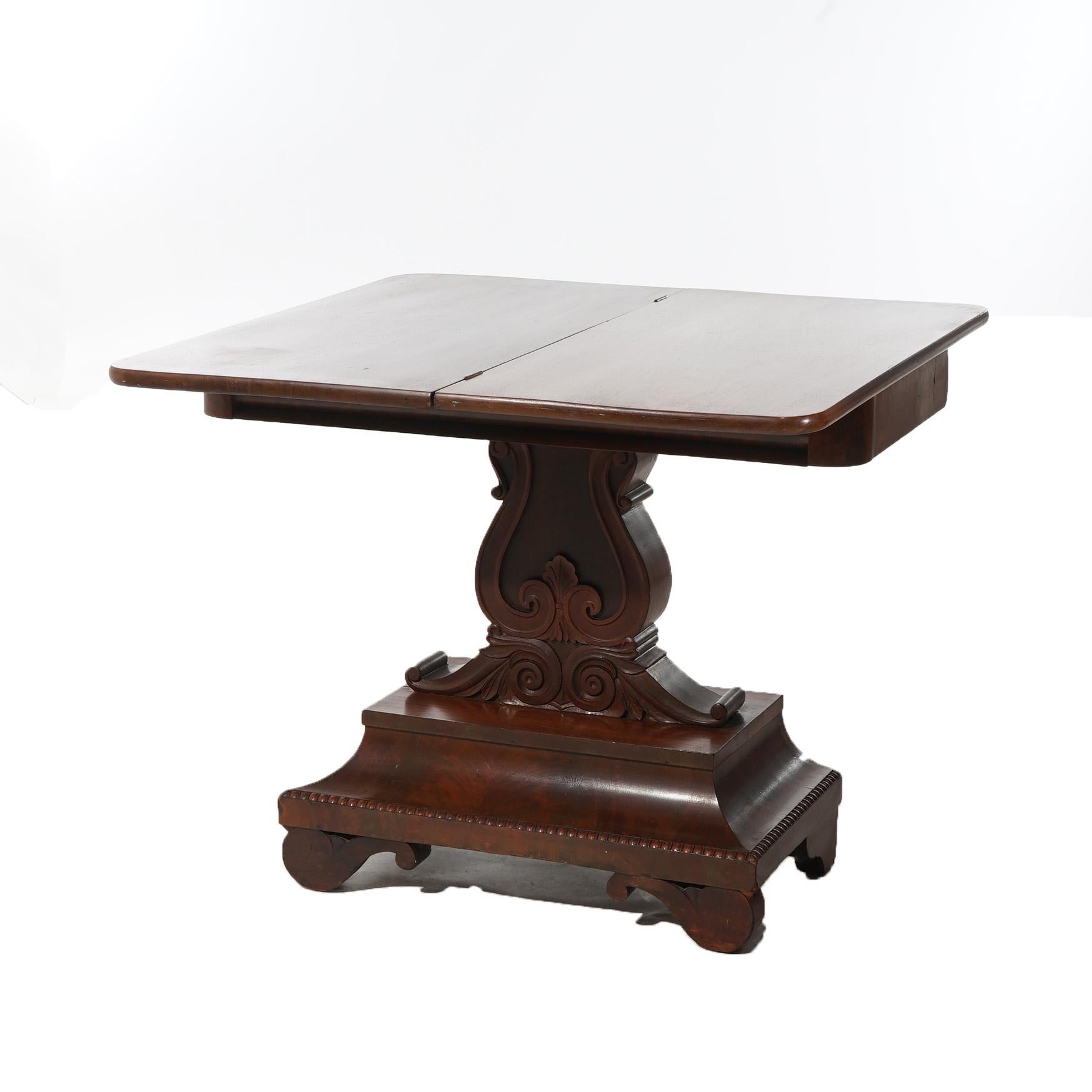 19th Century Antique American Empire Neoclassical Greco Flame Mahogany Card Table C1840 For Sale