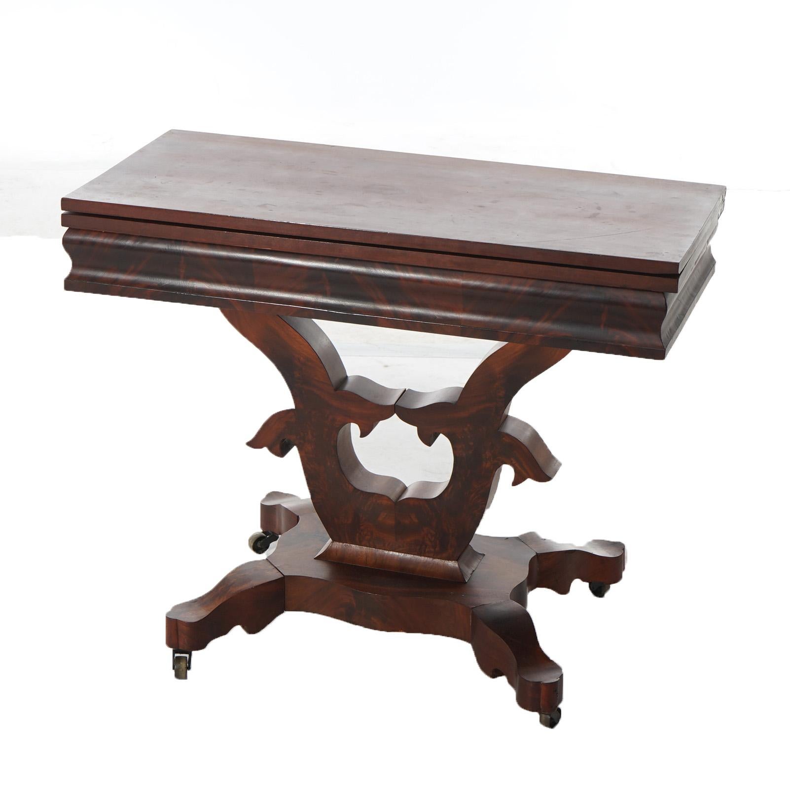Antique American Empire Neoclassical Greco Flame Mahogany Card Table C1840 For Sale 2