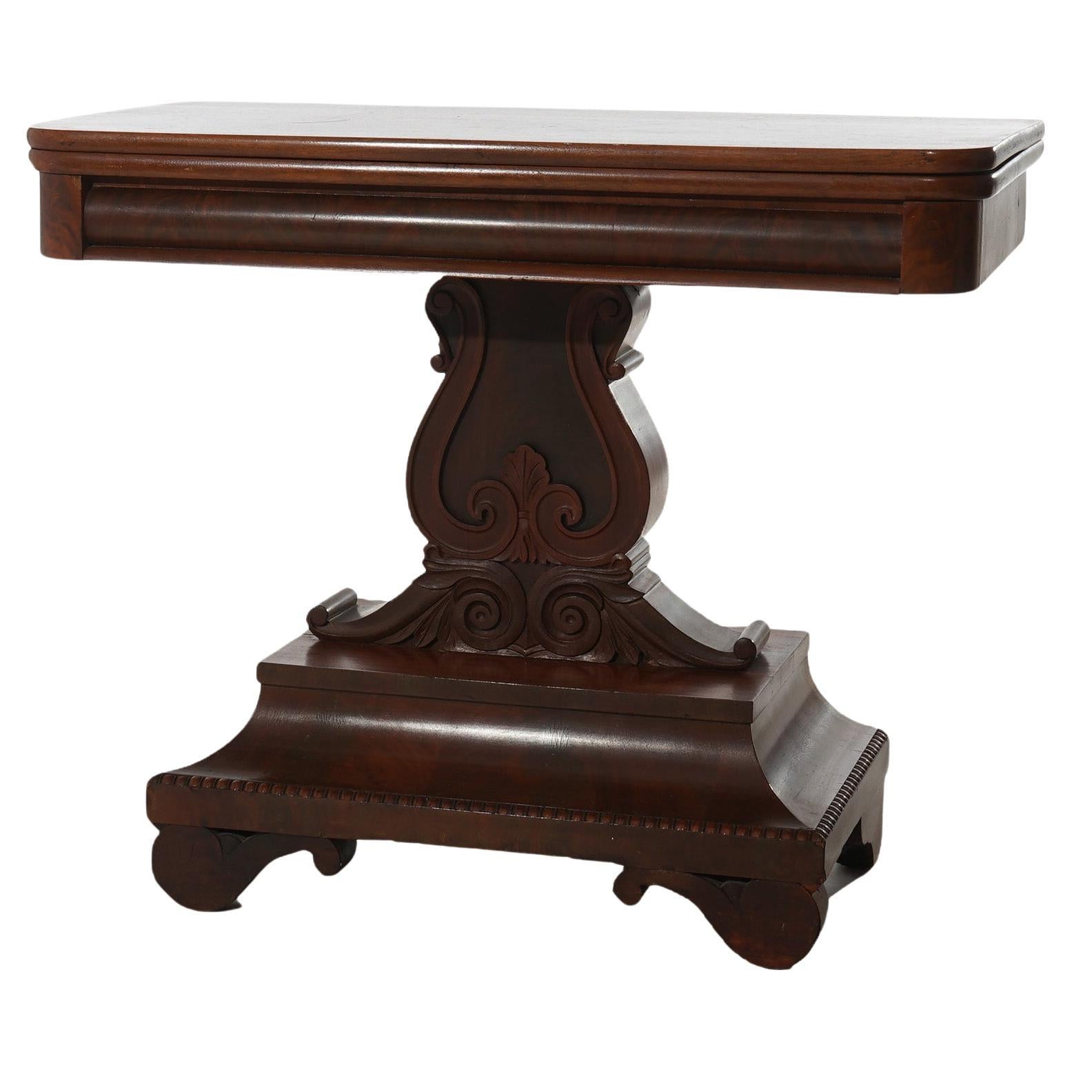 Antique American Empire Neoclassical Greco Flame Mahogany Card Table C1840 For Sale