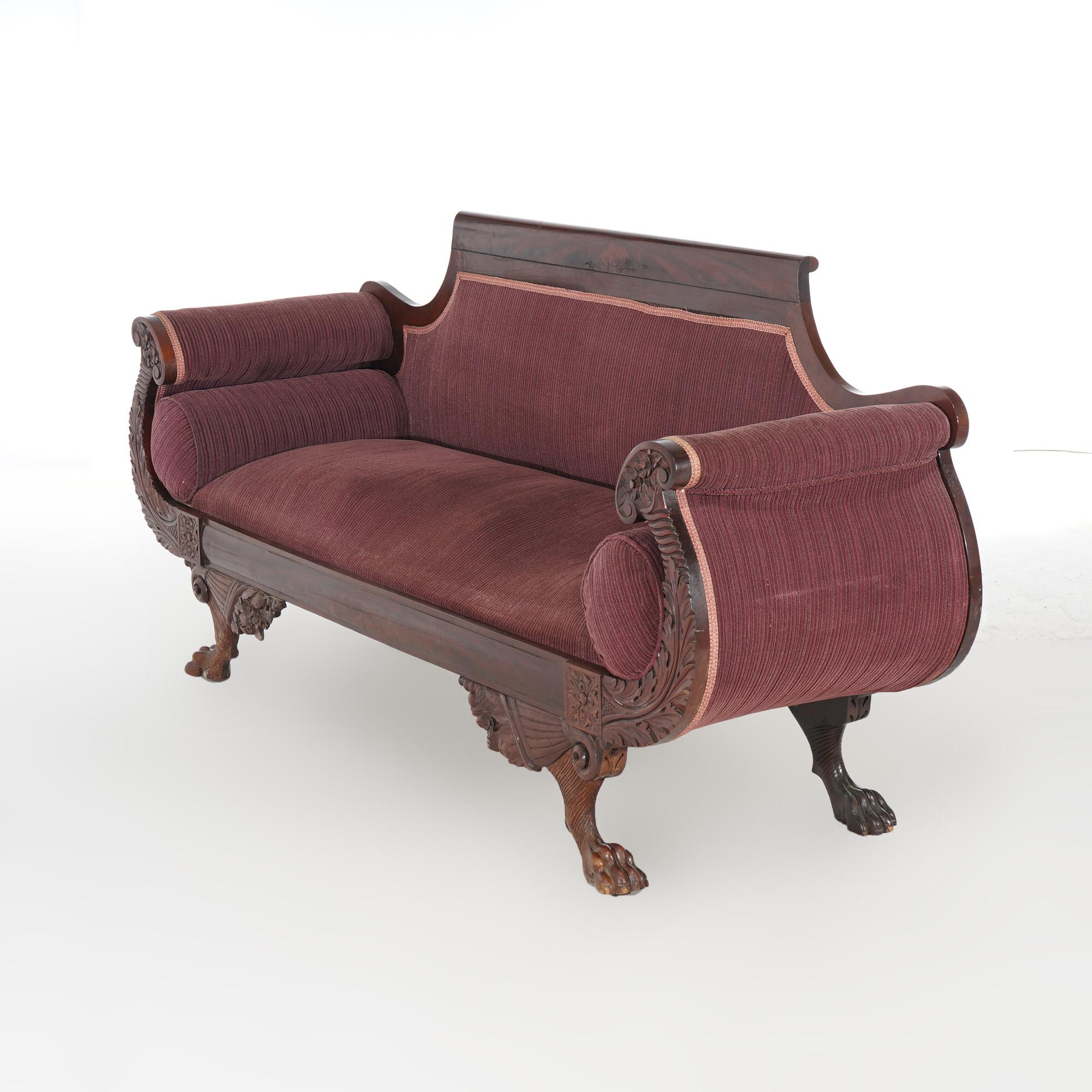 Antique American Empire Neoclassical Greco Flame Mahogany Sofa c1840 2