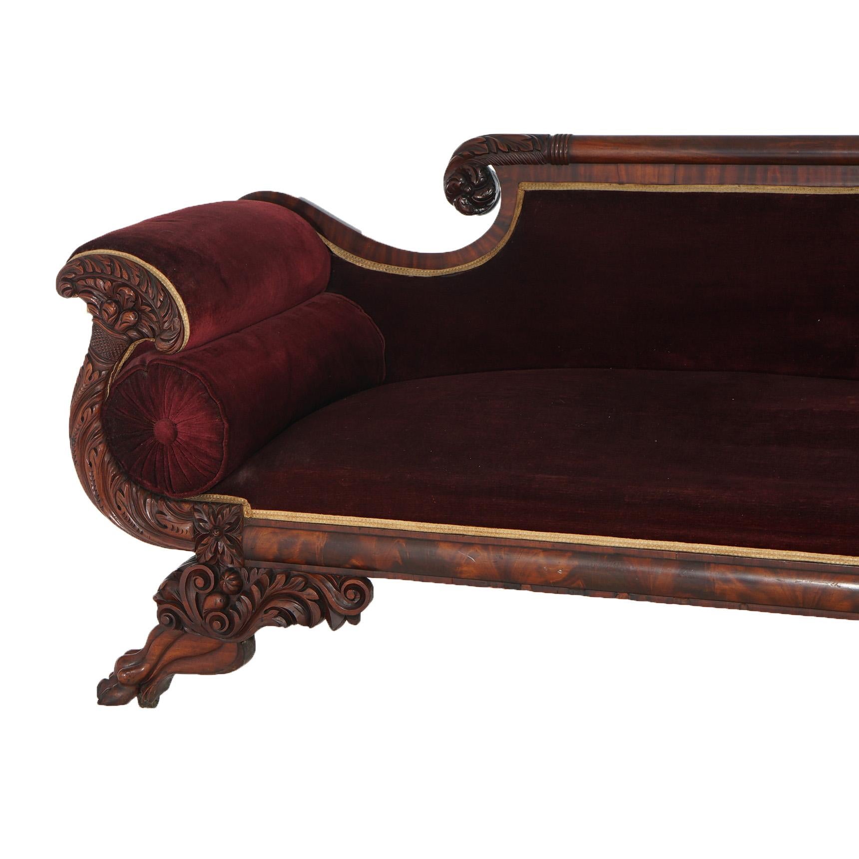 19th Century Antique American Empire Neoclassical Greco Flame Mahogany Sofa c1840