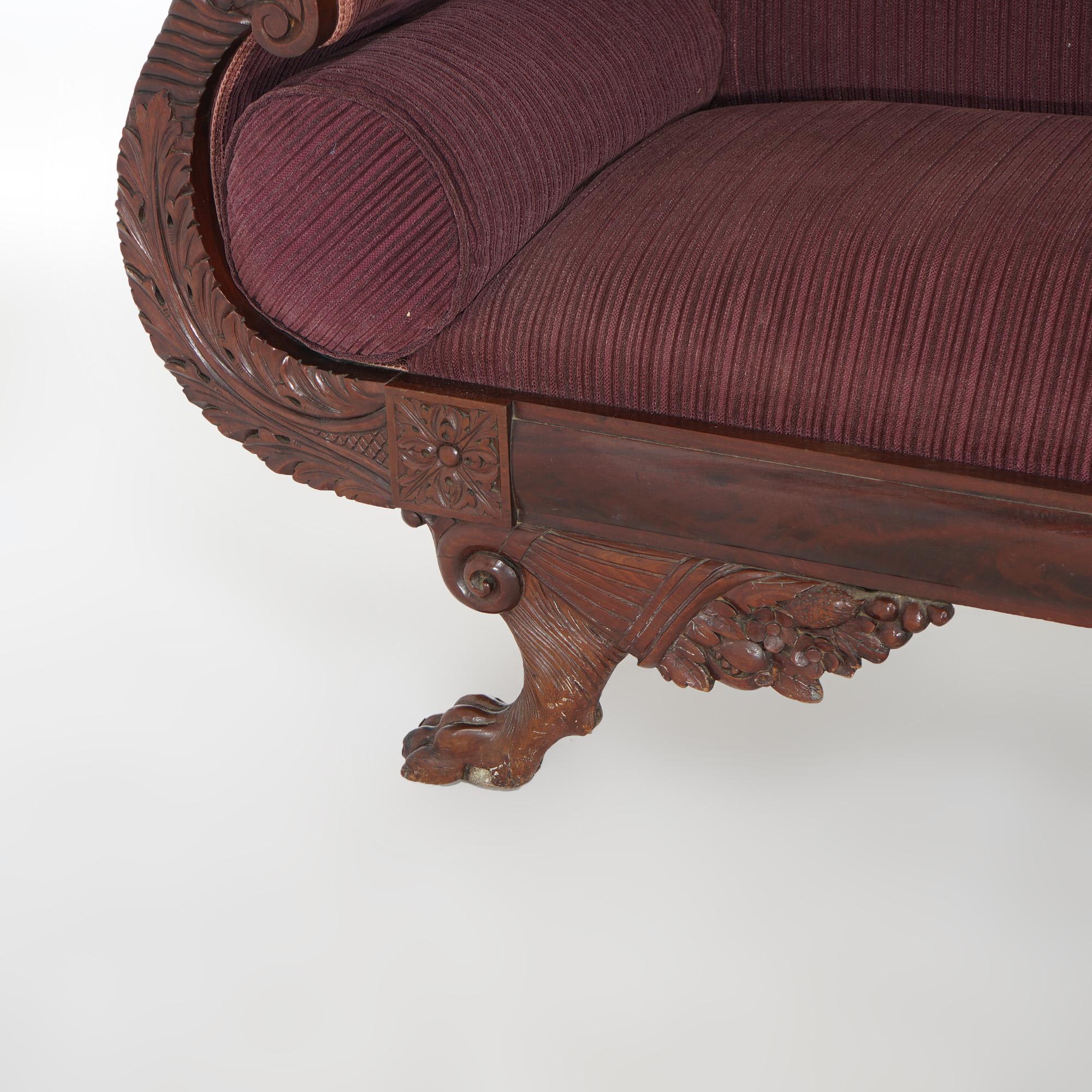 19th Century Antique American Empire Neoclassical Greco Flame Mahogany Sofa c1840