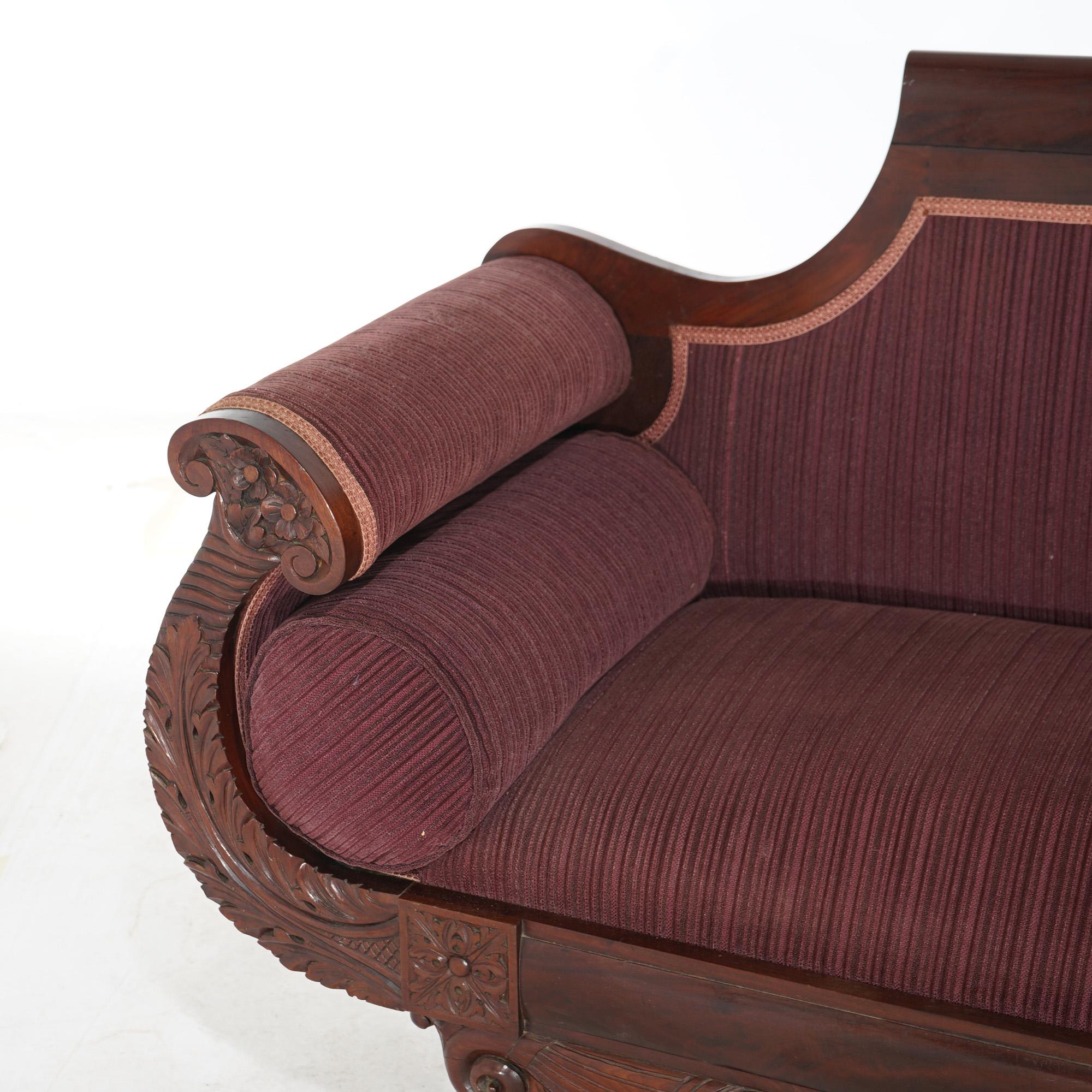 Upholstery Antique American Empire Neoclassical Greco Flame Mahogany Sofa c1840