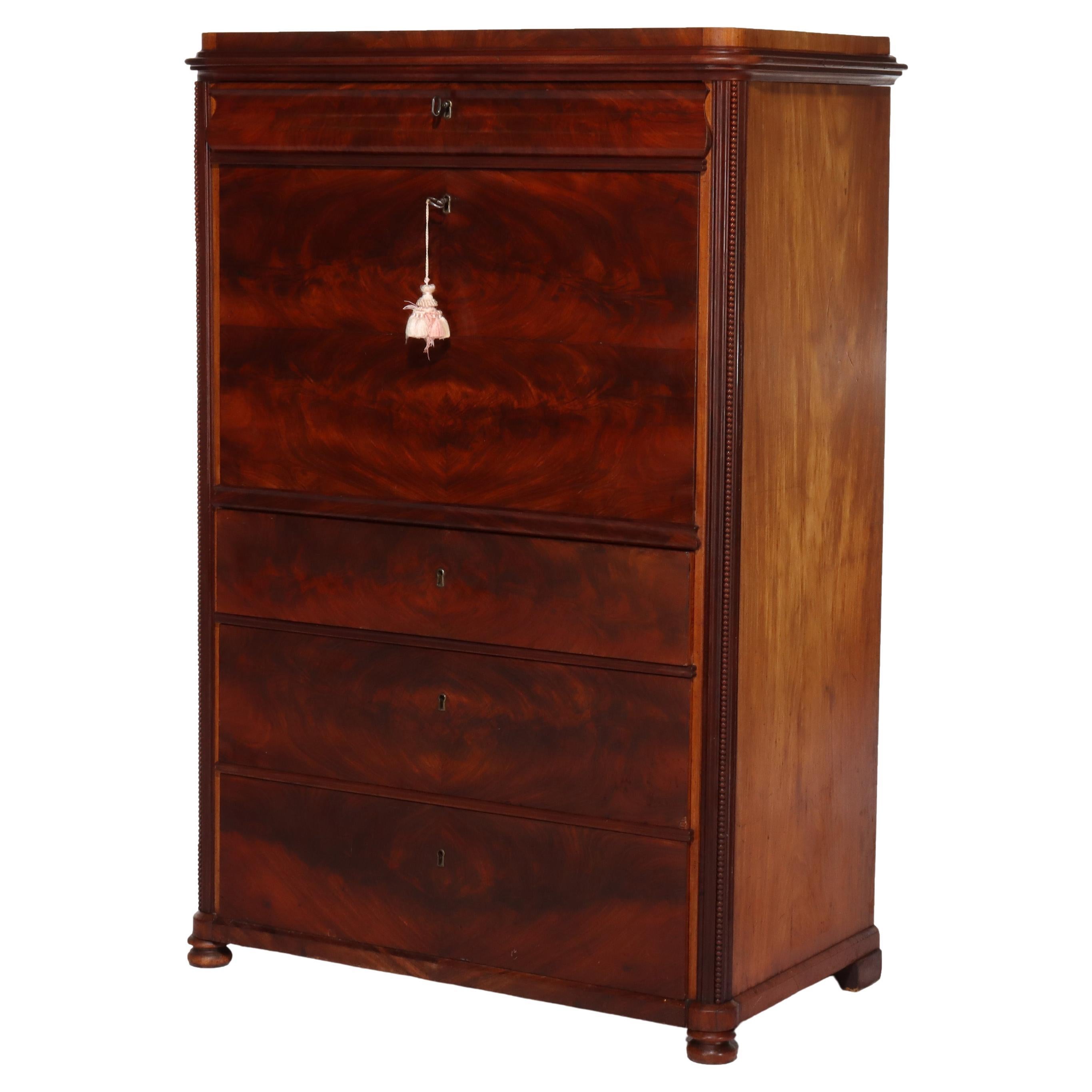 Ancien bureau Empire néoclassique en acajou à abattant C1840 en vente