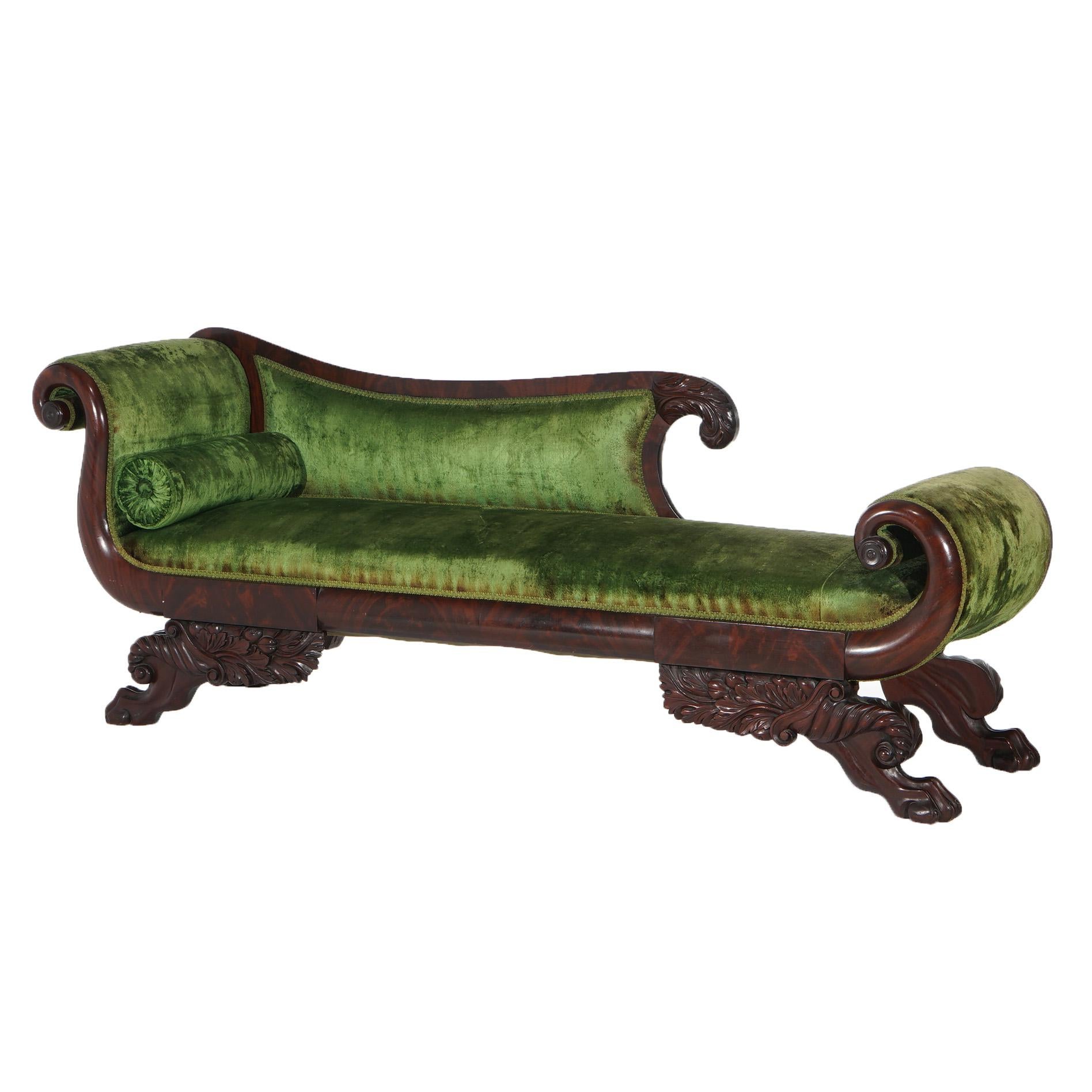 ***Ask About Reduced In-House Delivery Rates - Reliable Professional Service & Fully Insured***
Antique American Empire Neoclassical Greco Recamier Sofa with Scroll Form Flame Mahogany Frame, Green Velvet Upholstery and Carved Paw Feet