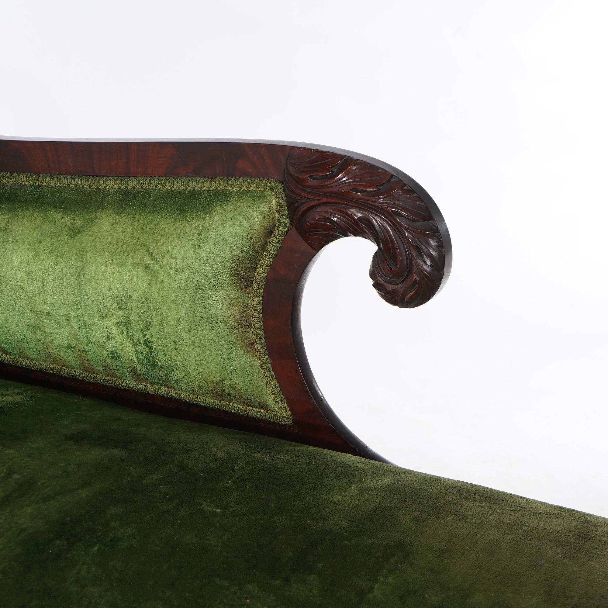 Velvet Antique American Empire Neoclassical Recamier Flame Mahogany Sofa C1840 For Sale