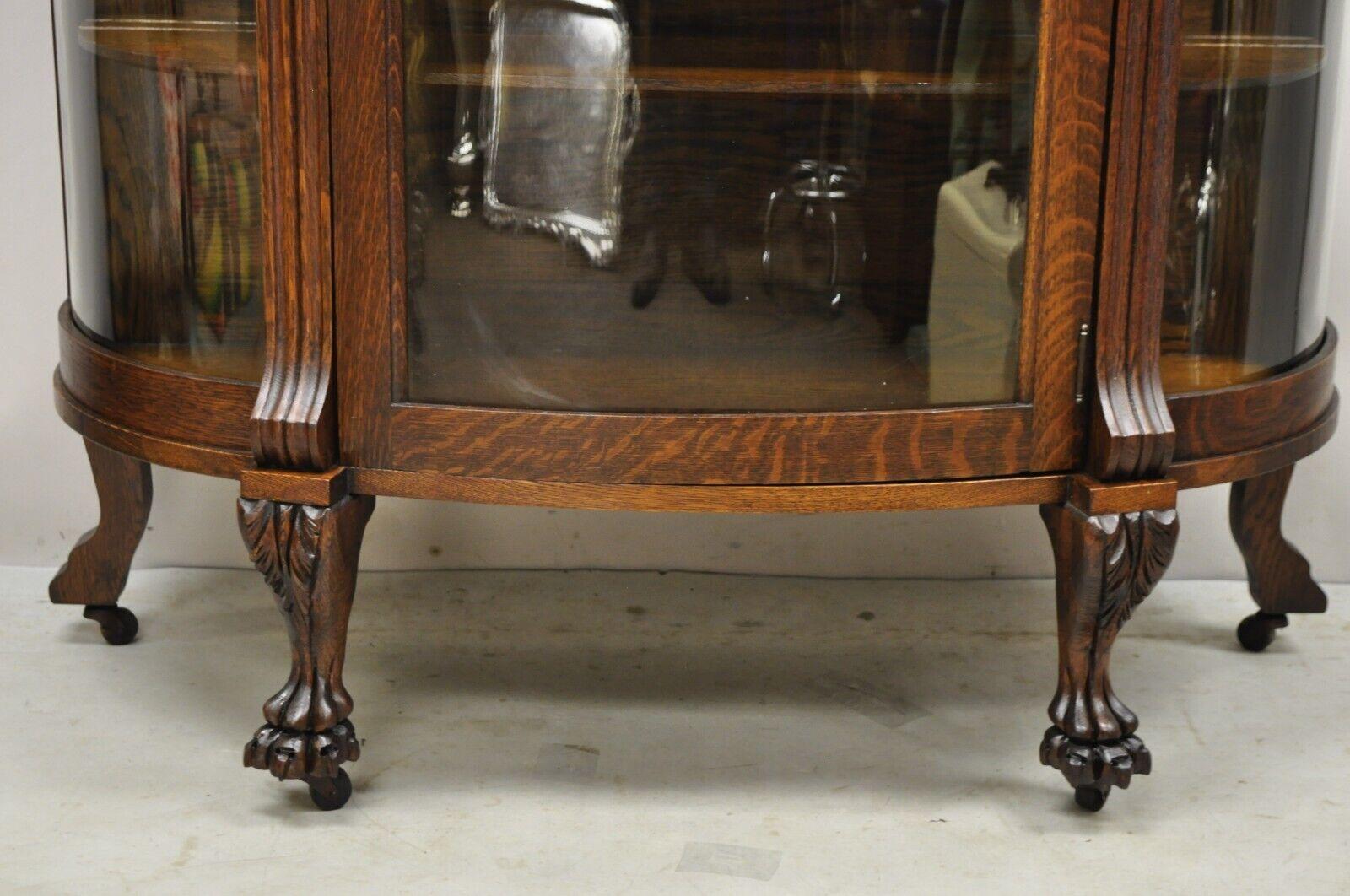 Antique American Empire Oak Carved Lion Head Paw Feet Bowed Glass China Cabinet 5