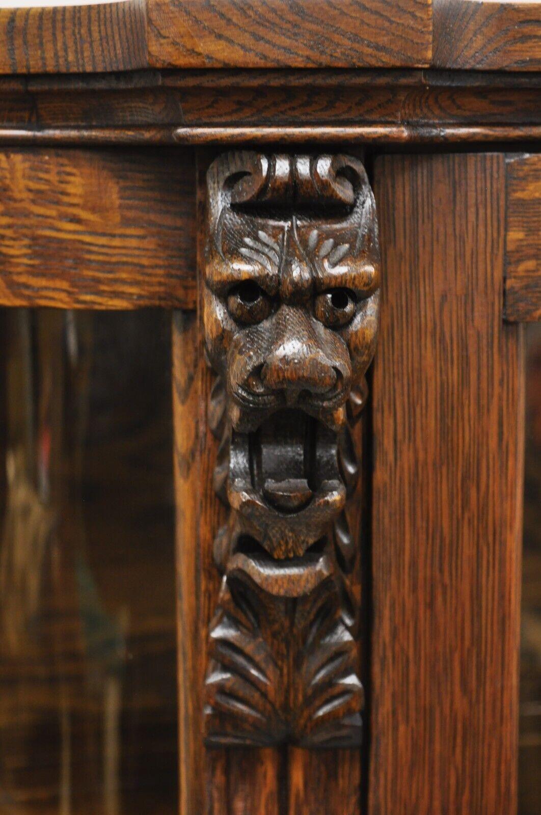 Antique American Empire Oak Carved Lion Head Paw Feet Bowed Glass China Cabinet 6