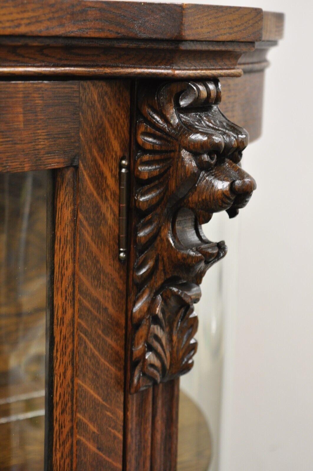 Antique American Empire Oak Carved Lion Head Paw Feet Bowed Glass China Cabinet 2