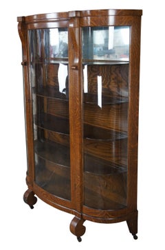 Antique American Empire Oak Curved Bowfront Glass Curio Display Cabinet Bookcase