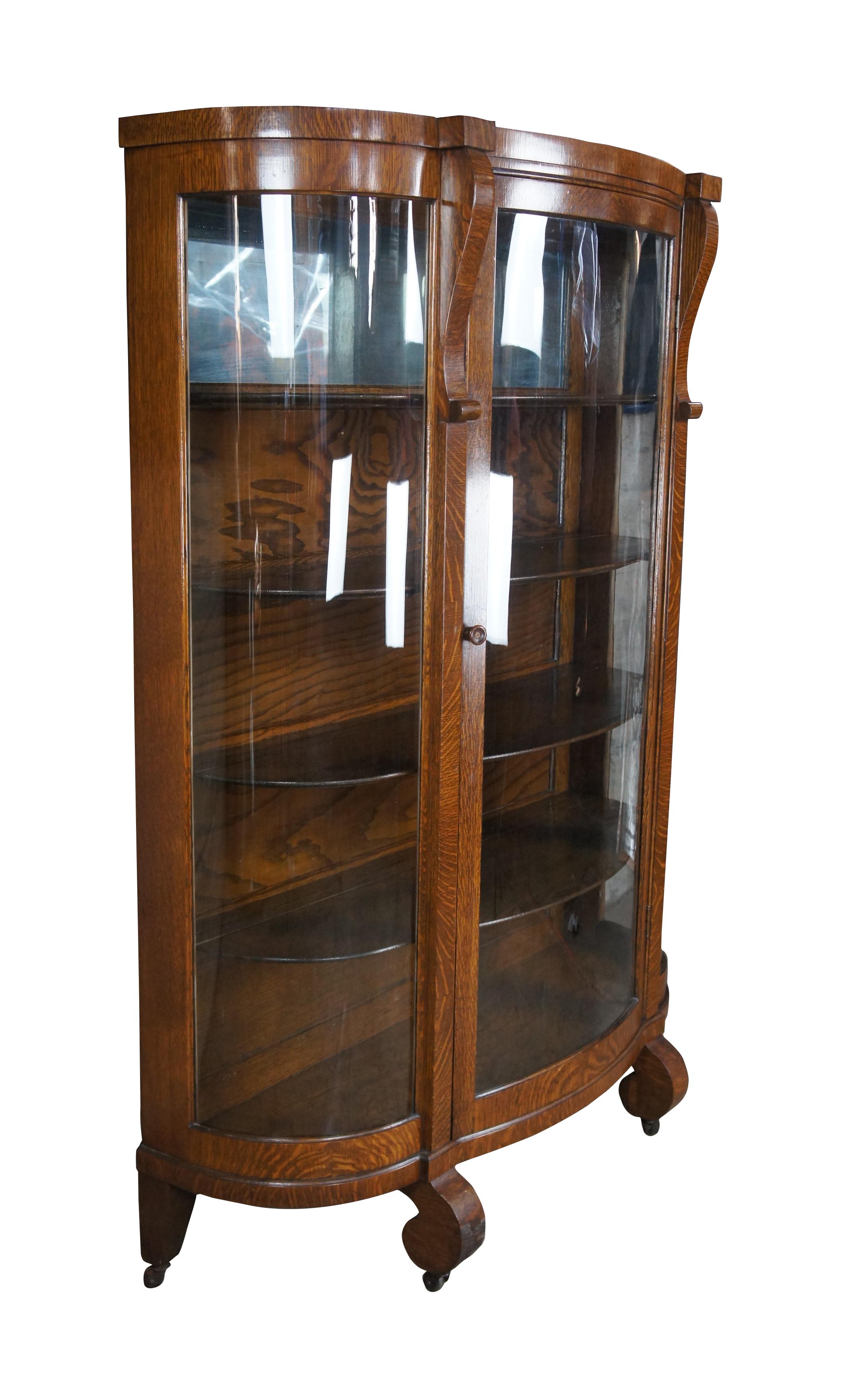 Victorian Antique American Empire Oak Curved Bowfront Glass Curio Display Cabinet Bookcase