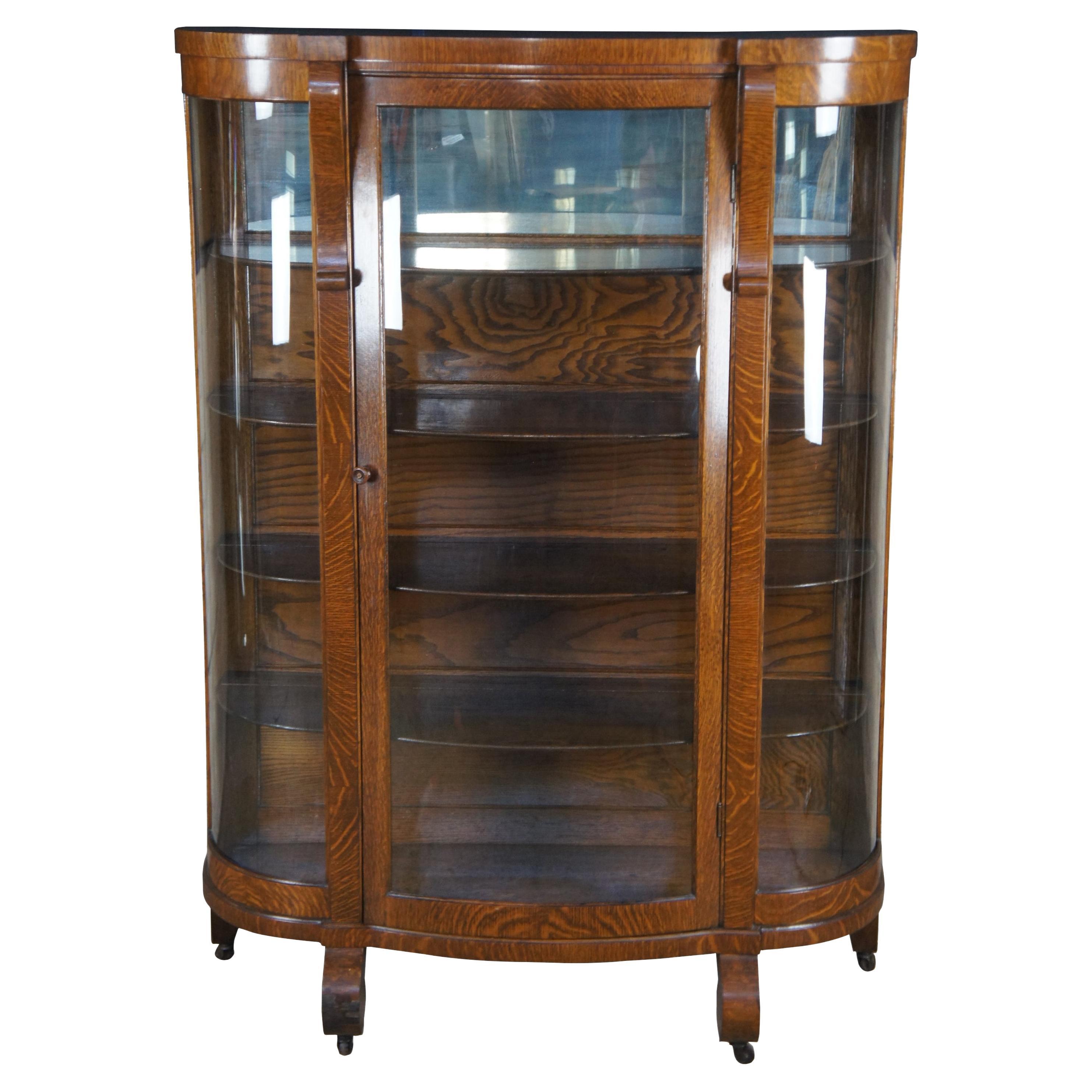 Antique American Empire Oak Curved Bowfront Glass Curio Display Cabinet Bookcase