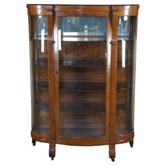 Antique American Empire Oak Curved Bowfront Glass Curio Display Cabinet Bookcase