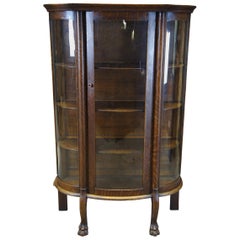 Antique American Empire Oak Curved Bowfront Glass Curio Display Cabinet Paw Feet