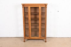 Antique American Empire Oak Glass Front Bookcase Cabinet, Circa 1900