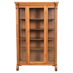 Antique American Empire Oak Glass Front Bookcase Cabinet, Circa 1900