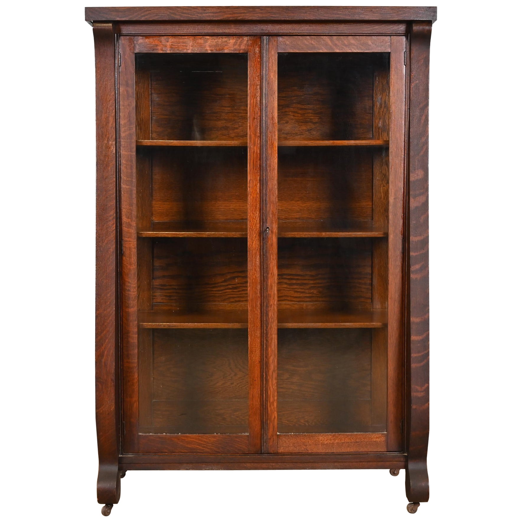Antique American Empire Oak Glass Front Bookcase Cabinet, Circa 1900