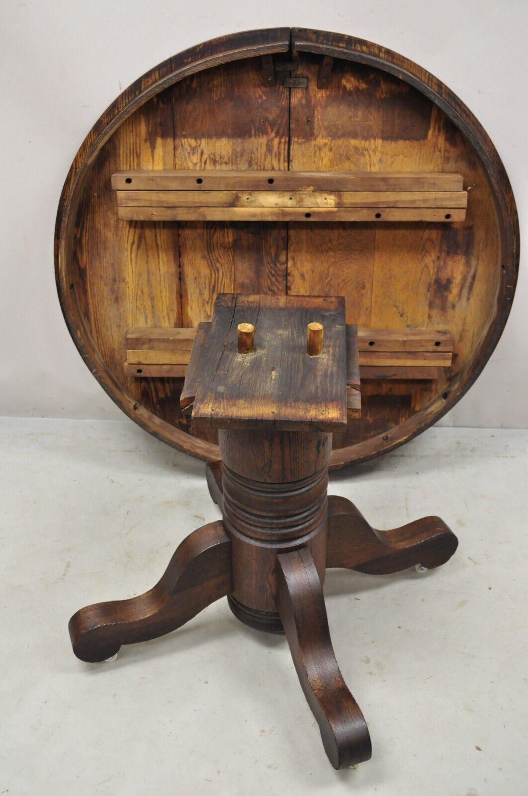 Antique American Empire Oak Wood Round Oak Pedestal Base Dining Table 6