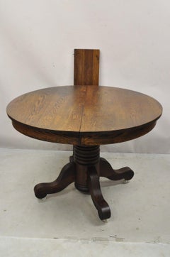 Antique American Empire Oak Wood Round Oak Pedestal Base Dining Table