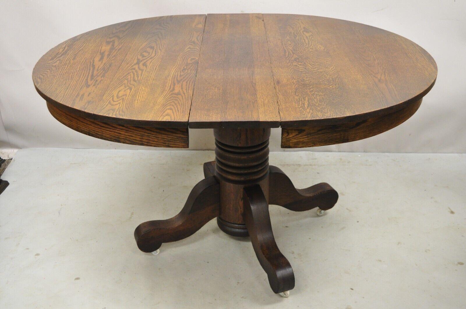 Antique American Empire Oak Wood Round Oak Pedestal Base Dining Table 1