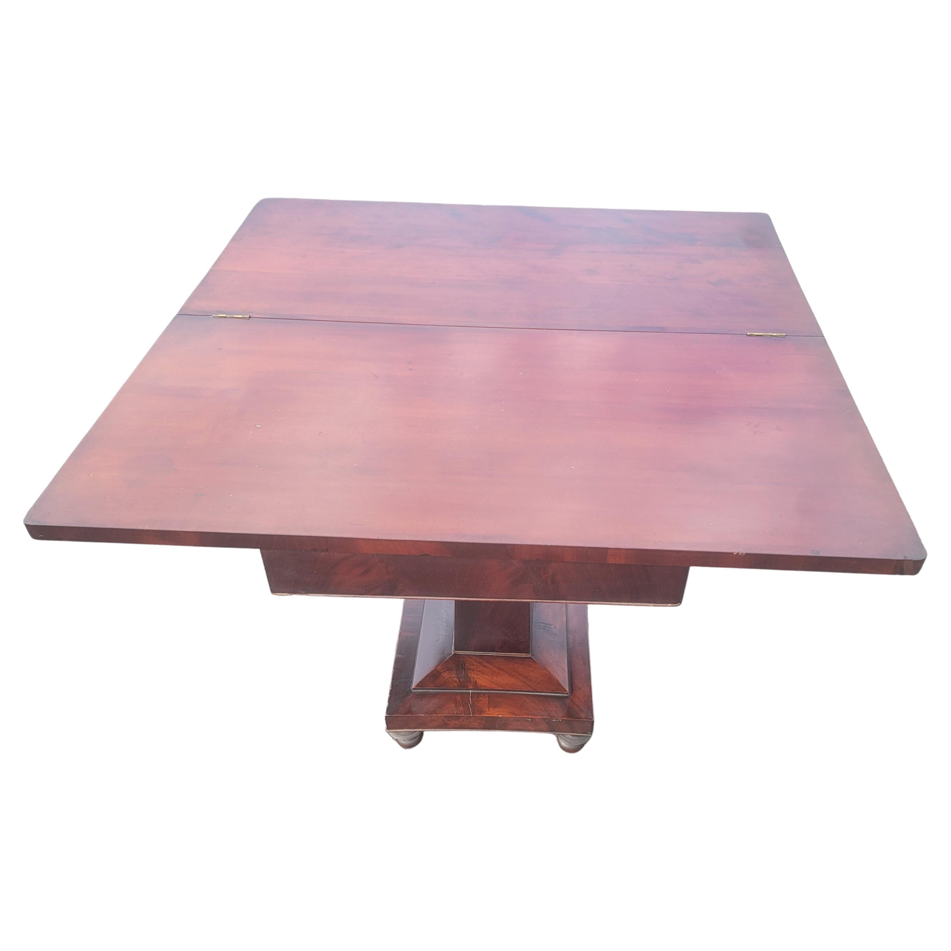 Veneer Antique American Empire Pedestal Console, Card / Games Table in Flame Mahogany For Sale